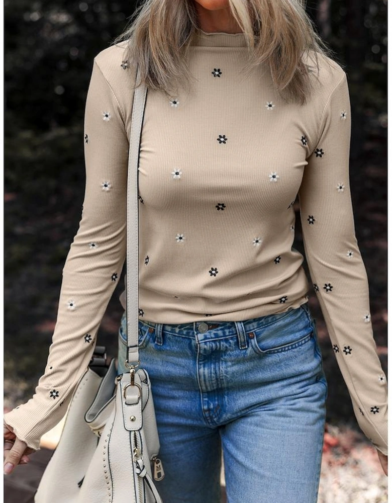 Jet Stream Floral Embroidered Detail Ribbed Long Sleeve Top