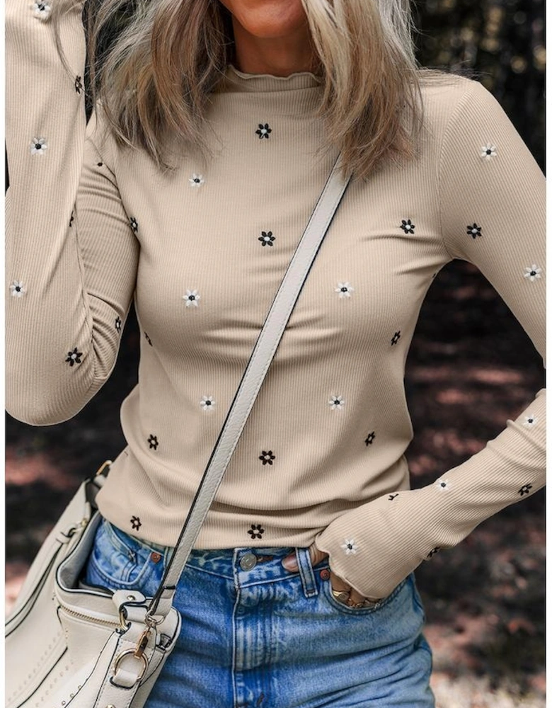 Jet Stream Floral Embroidered Detail Ribbed Long Sleeve Top