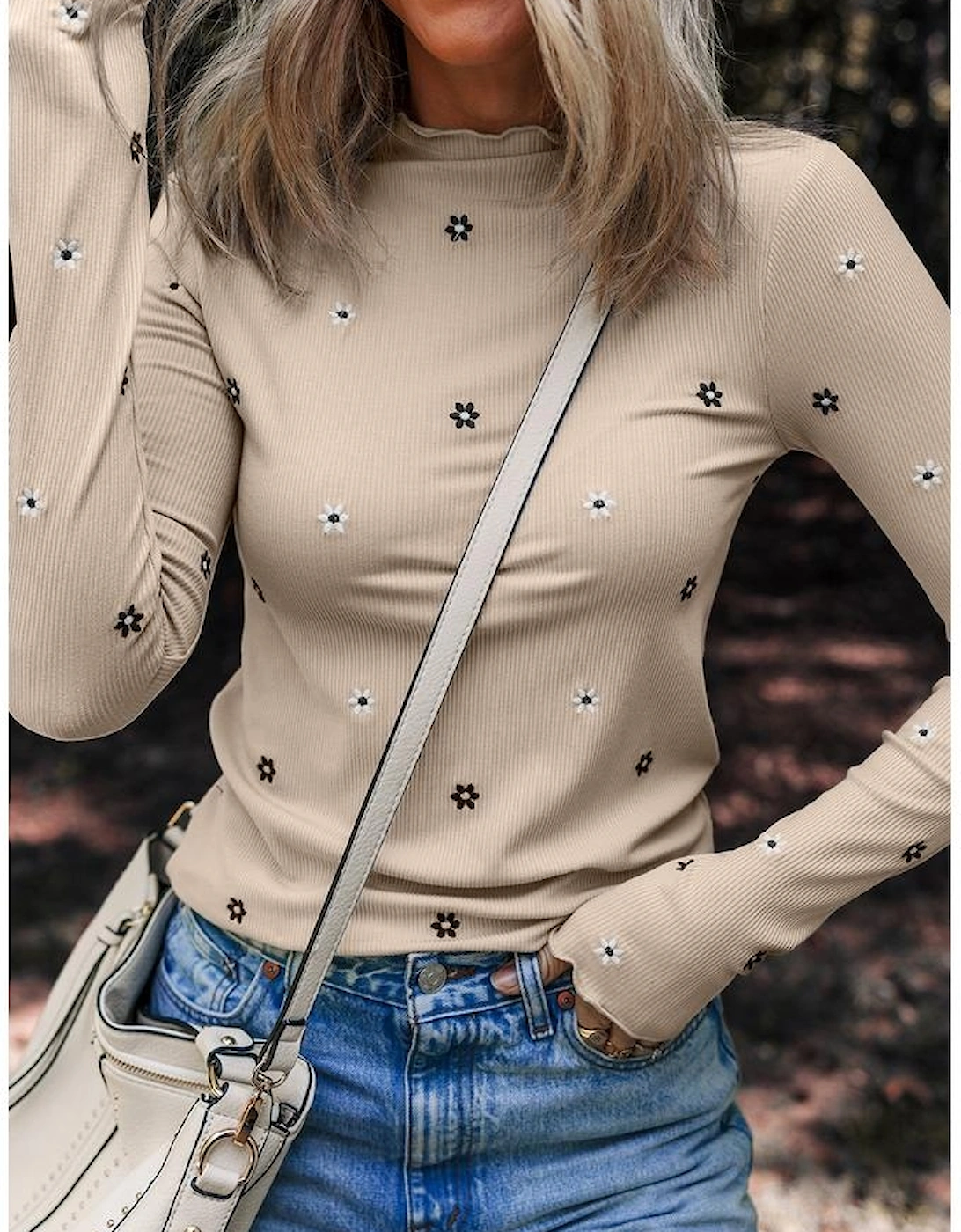 Jet Stream Floral Embroidered Detail Ribbed Long Sleeve Top