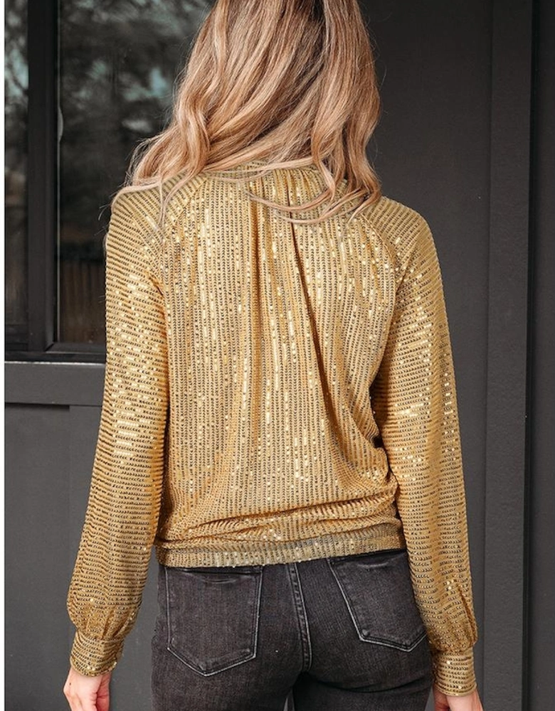 Gold Metallic Balloon Sleeve Buttoned High Neck Loose Blouse