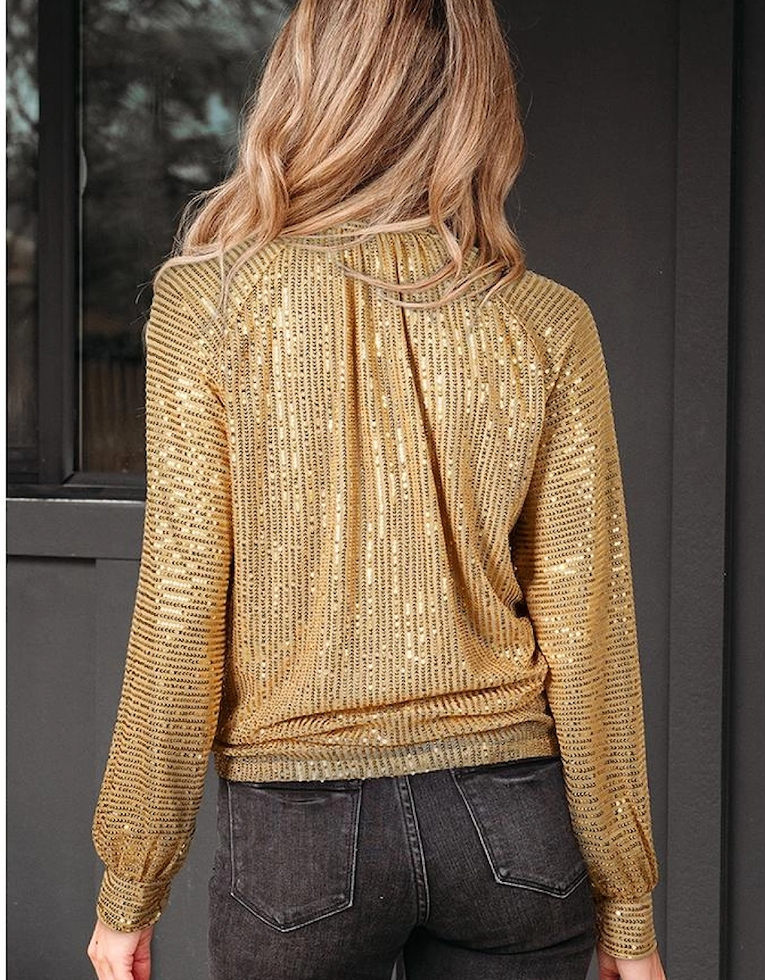 Gold Metallic Balloon Sleeve Buttoned High Neck Loose Blouse, 3 of 2