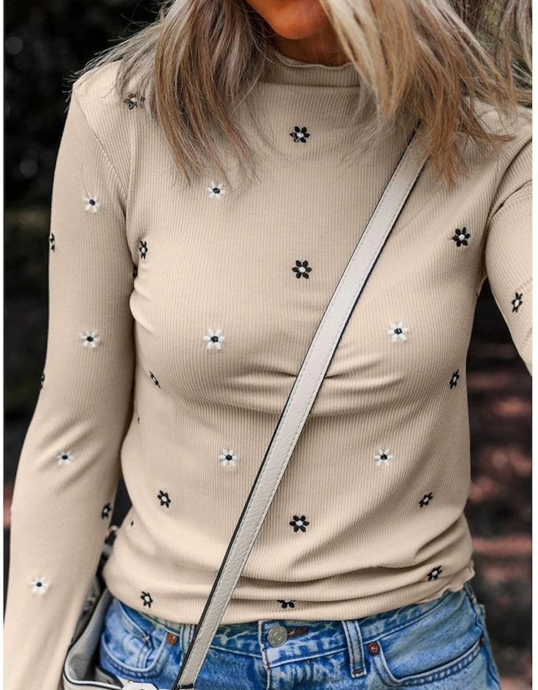 Jet Stream Floral Embroidered Detail Ribbed Long Sleeve Top