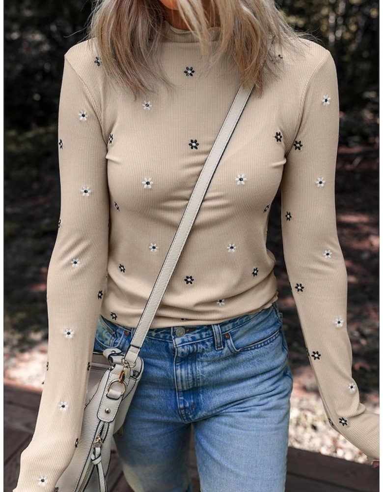 Jet Stream Floral Embroidered Detail Ribbed Long Sleeve Top
