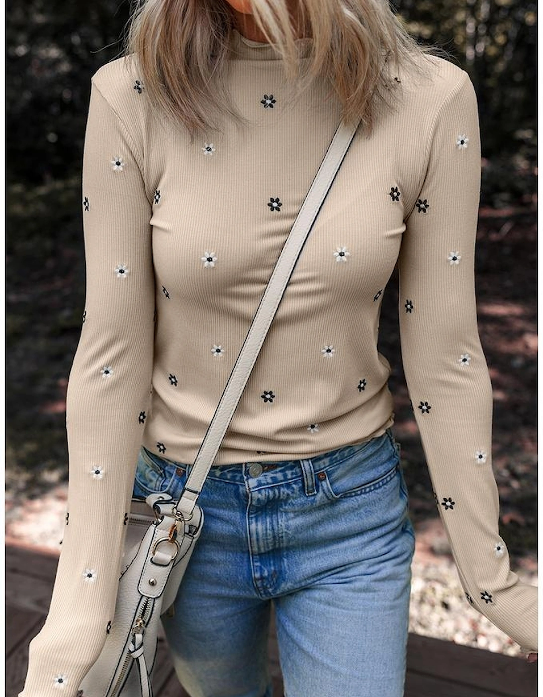 Jet Stream Floral Embroidered Detail Ribbed Long Sleeve Top