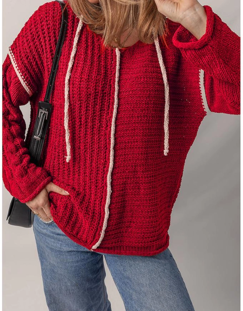 Racing Red Color Contrast Trim Textured Knit Drawstring Hooded Sweater