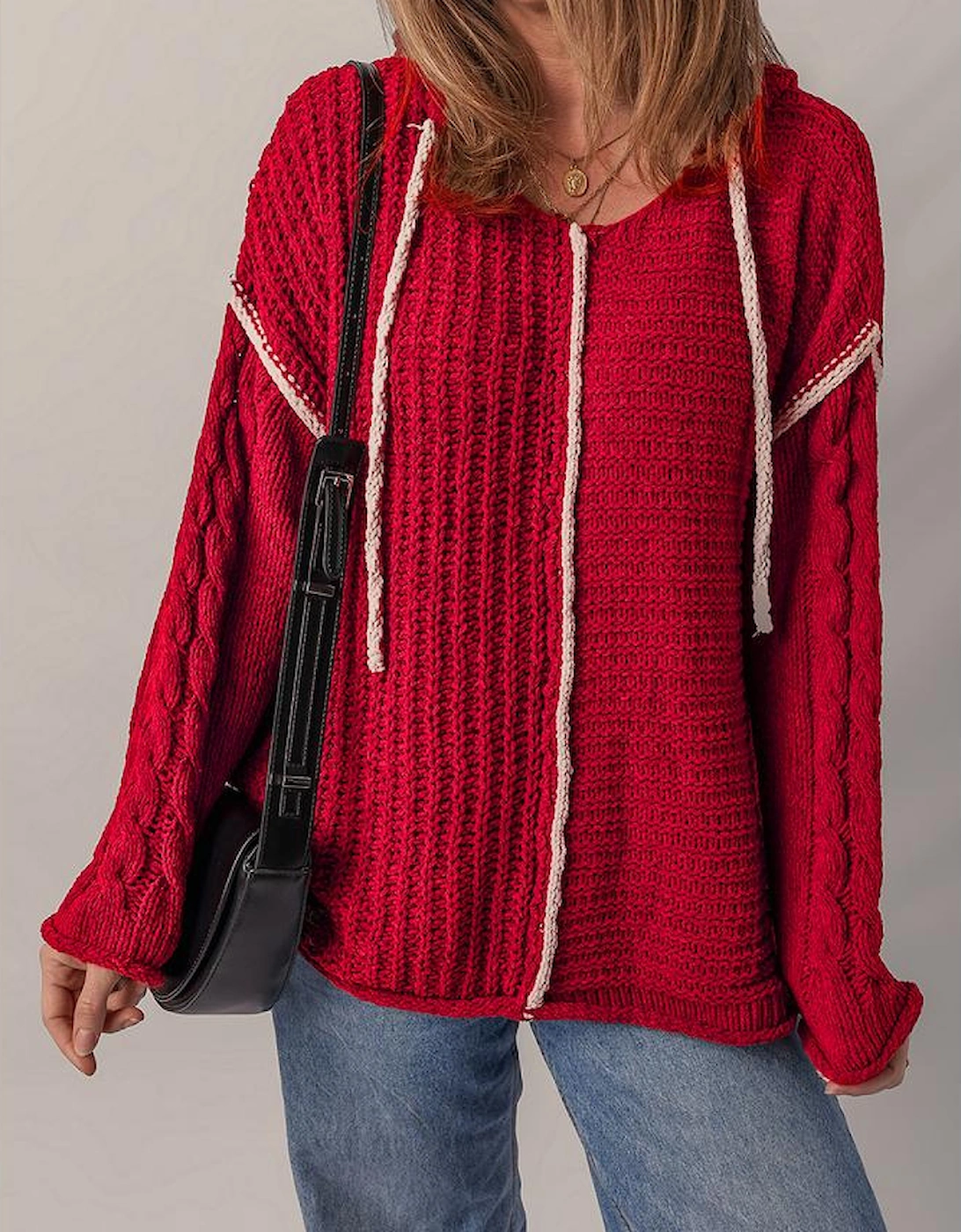Racing Red Color Contrast Trim Textured Knit Drawstring Hooded Sweater