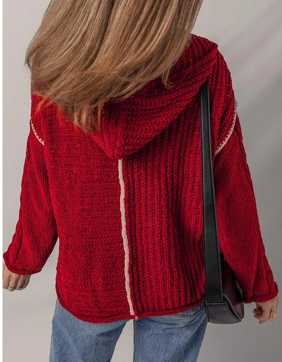 Racing Red Color Contrast Trim Textured Knit Drawstring Hooded Sweater, 15 of 14