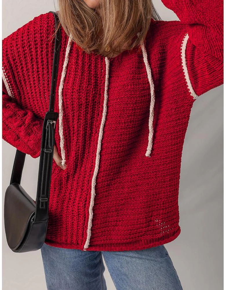 Racing Red Color Contrast Trim Textured Knit Drawstring Hooded Sweater