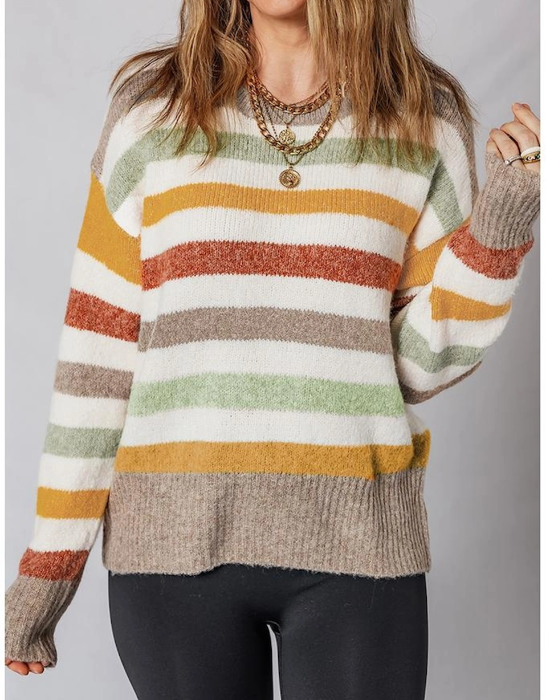 Multicolour Stripe Drop Shoulder Crew Neck Sweater