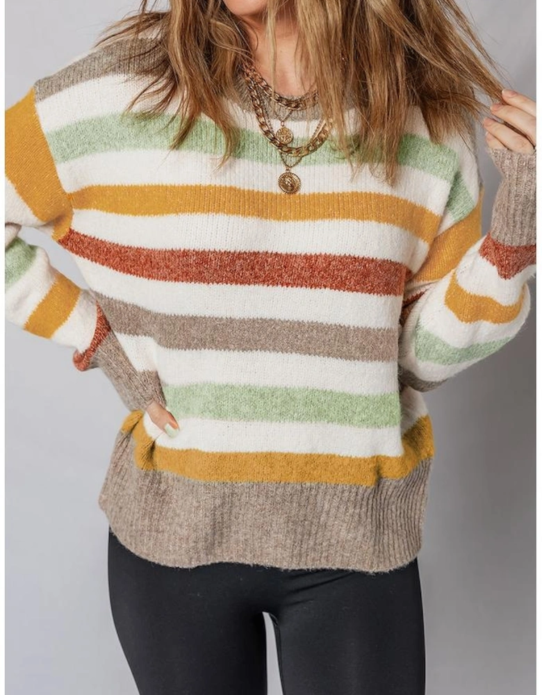 Multicolour Stripe Drop Shoulder Crew Neck Sweater
