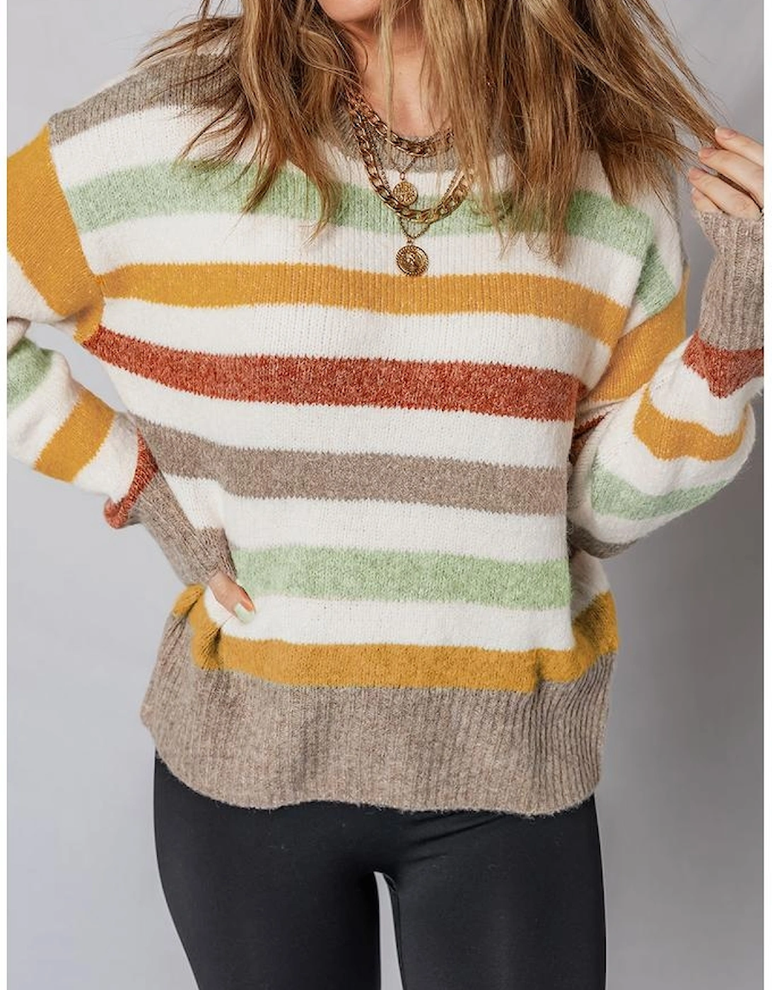 Multicolour Stripe Drop Shoulder Crew Neck Sweater