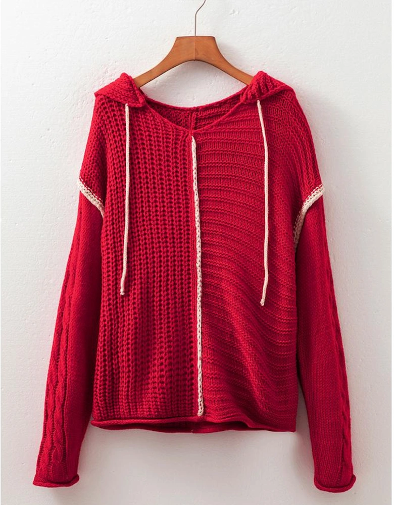 Racing Red Color Contrast Trim Textured Knit Drawstring Hooded Sweater