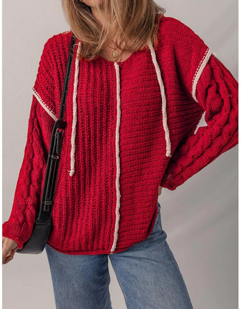 Racing Red Color Contrast Trim Textured Knit Drawstring Hooded Sweater