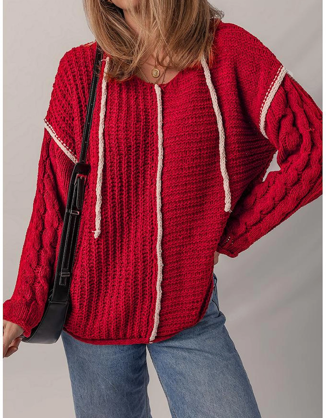 Racing Red Color Contrast Trim Textured Knit Drawstring Hooded Sweater