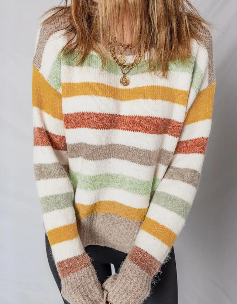 Multicolour Stripe Drop Shoulder Crew Neck Sweater