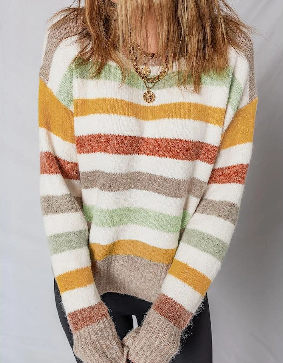 Multicolour Stripe Drop Shoulder Crew Neck Sweater