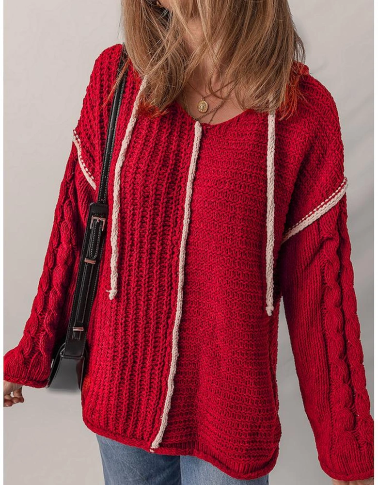 Racing Red Color Contrast Trim Textured Knit Drawstring Hooded Sweater