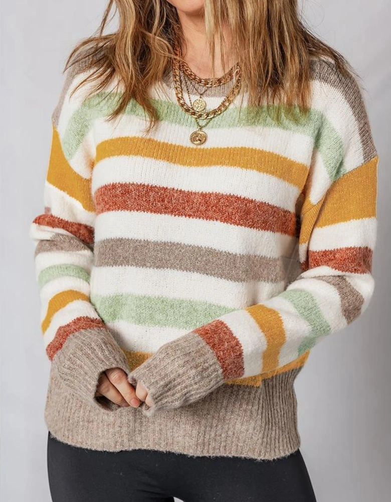 Multicolour Stripe Drop Shoulder Crew Neck Sweater