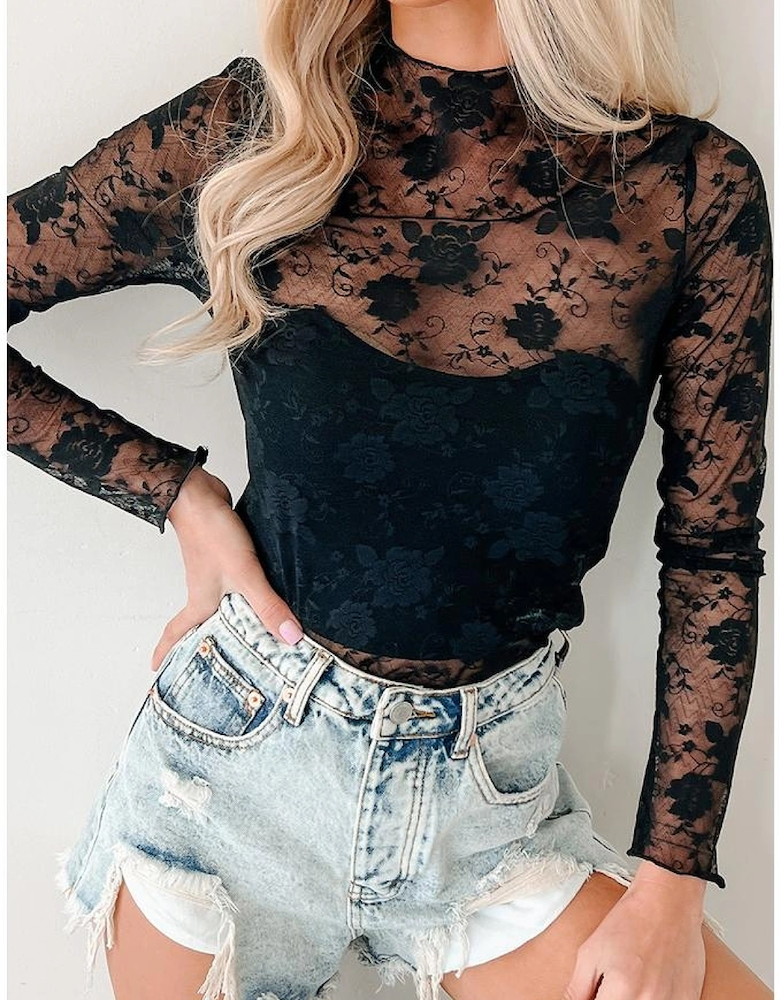 Black Sheer Floral Lace Mesh Mock Neck Long Sleeve Top, 10 of 9