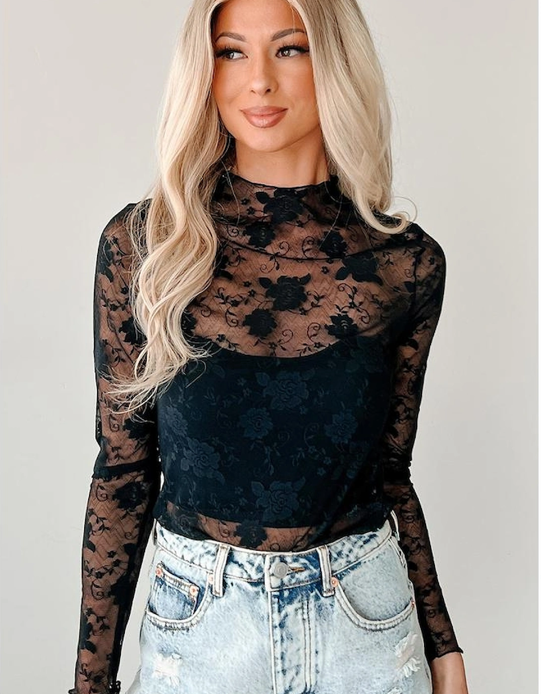 Black Sheer Floral Lace Mesh Mock Neck Long Sleeve Top