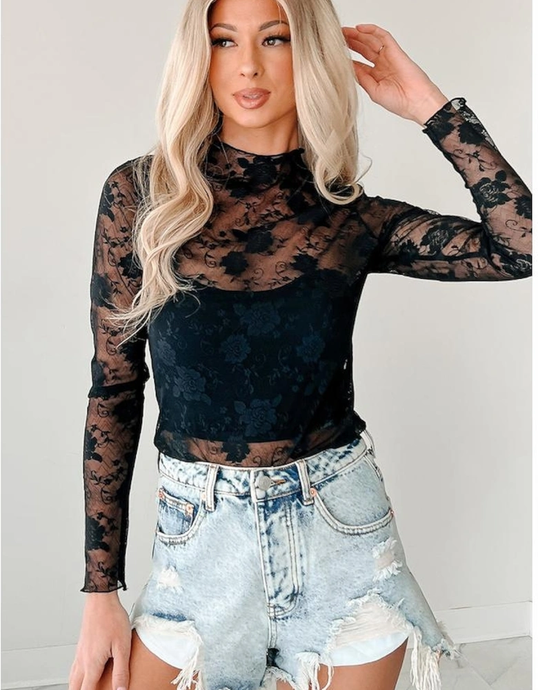 Black Sheer Floral Lace Mesh Mock Neck Long Sleeve Top