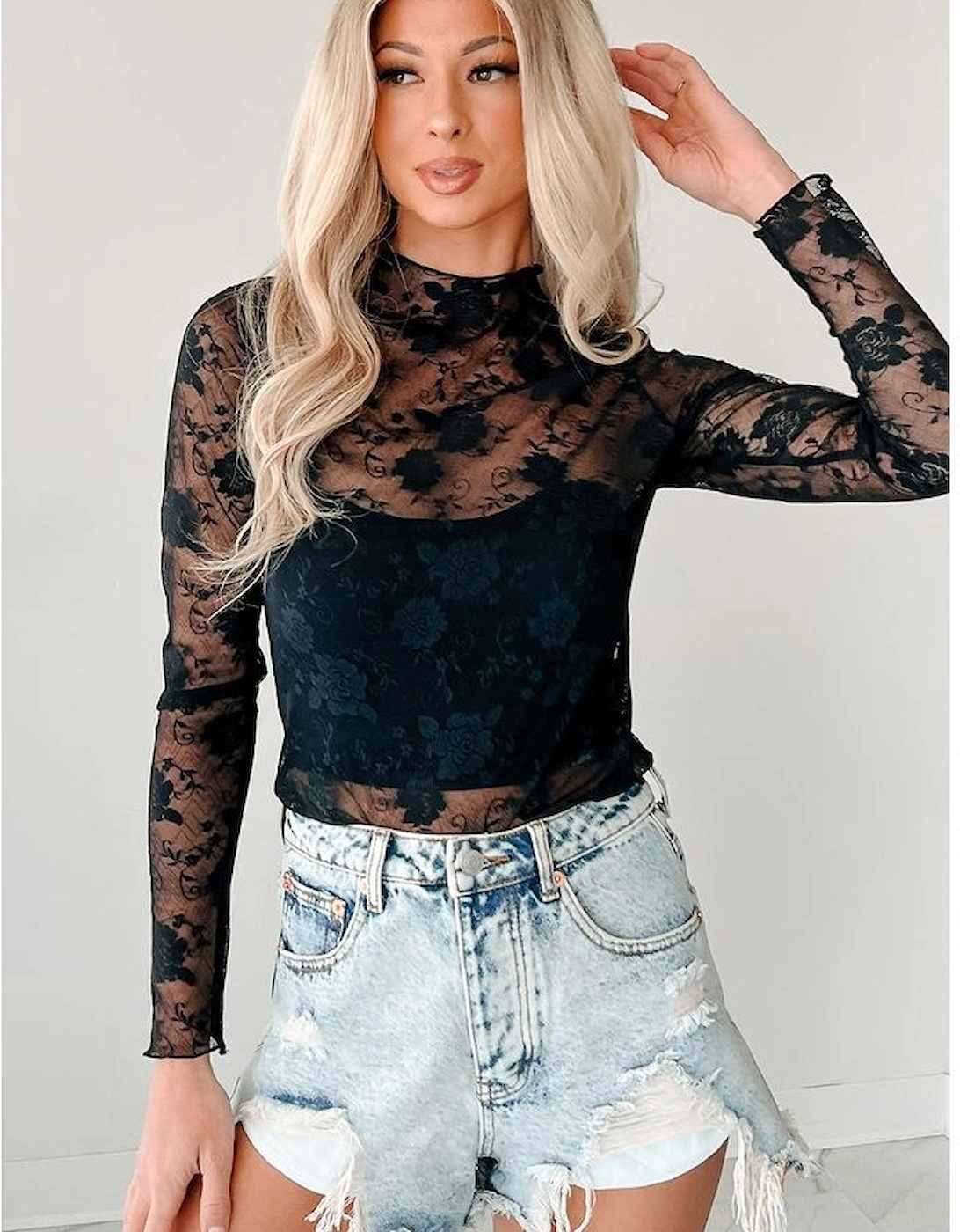 Black Sheer Floral Lace Mesh Mock Neck Long Sleeve Top
