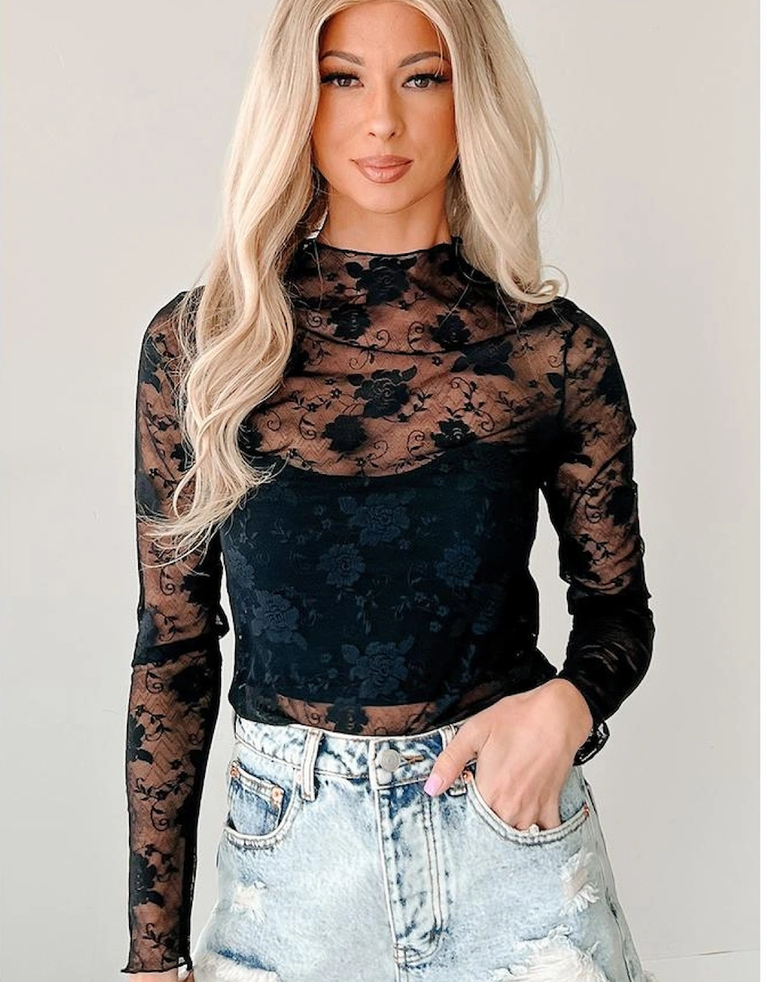 Black Sheer Floral Lace Mesh Mock Neck Long Sleeve Top