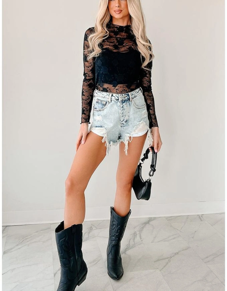 Black Sheer Floral Lace Mesh Mock Neck Long Sleeve Top