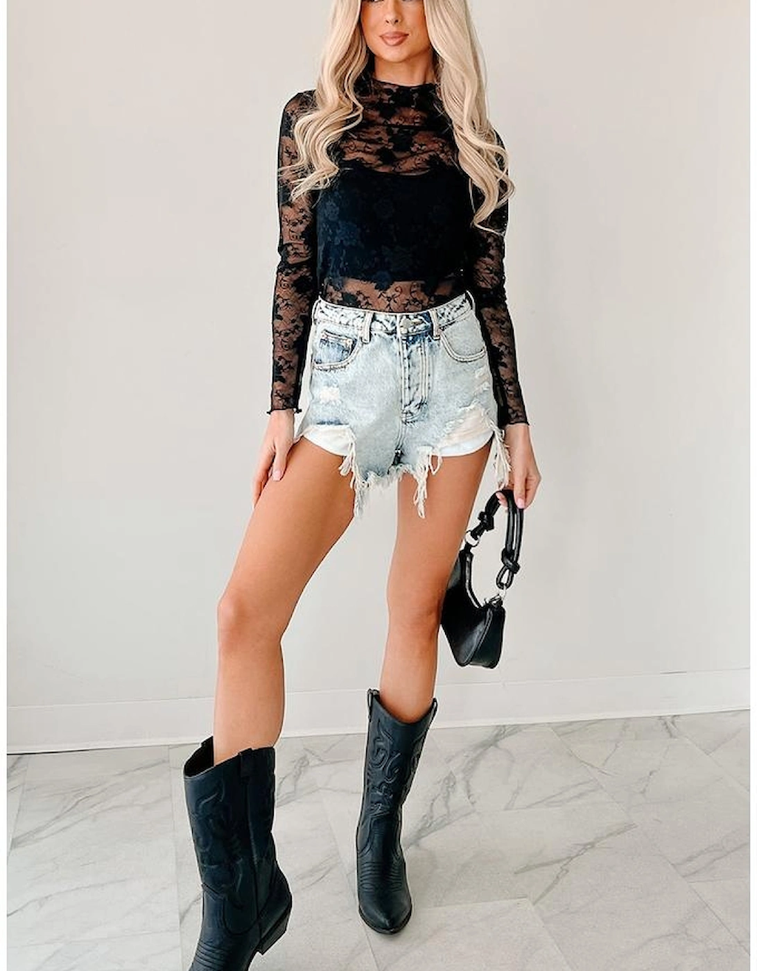 Black Sheer Floral Lace Mesh Mock Neck Long Sleeve Top