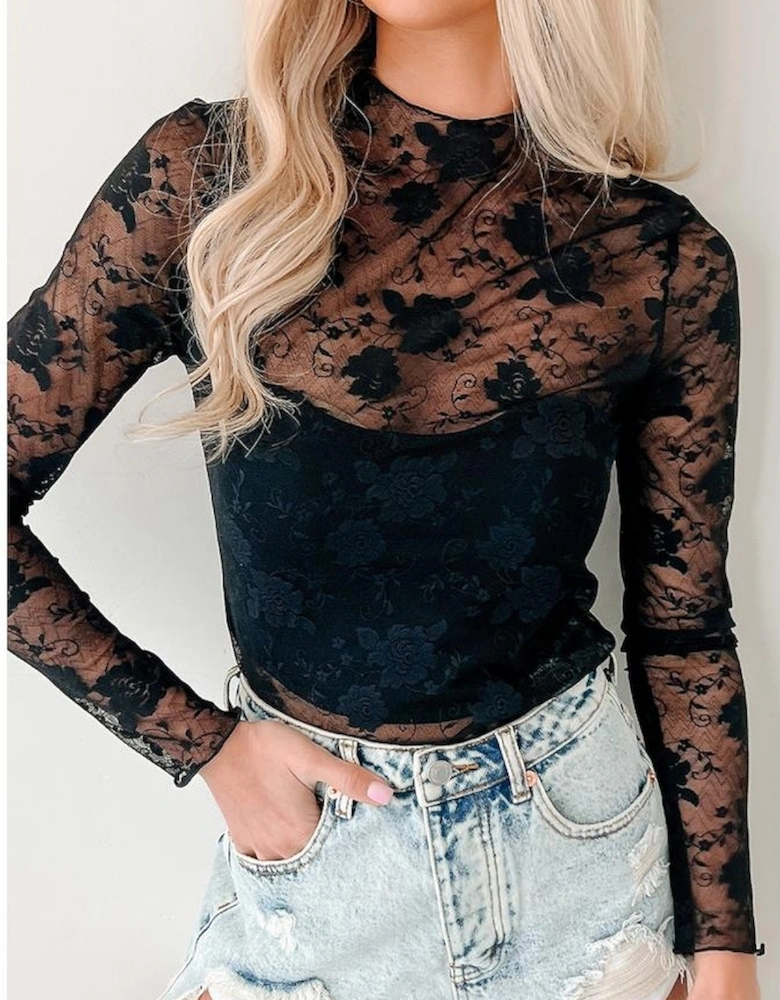 Black Sheer Floral Lace Mesh Mock Neck Long Sleeve Top