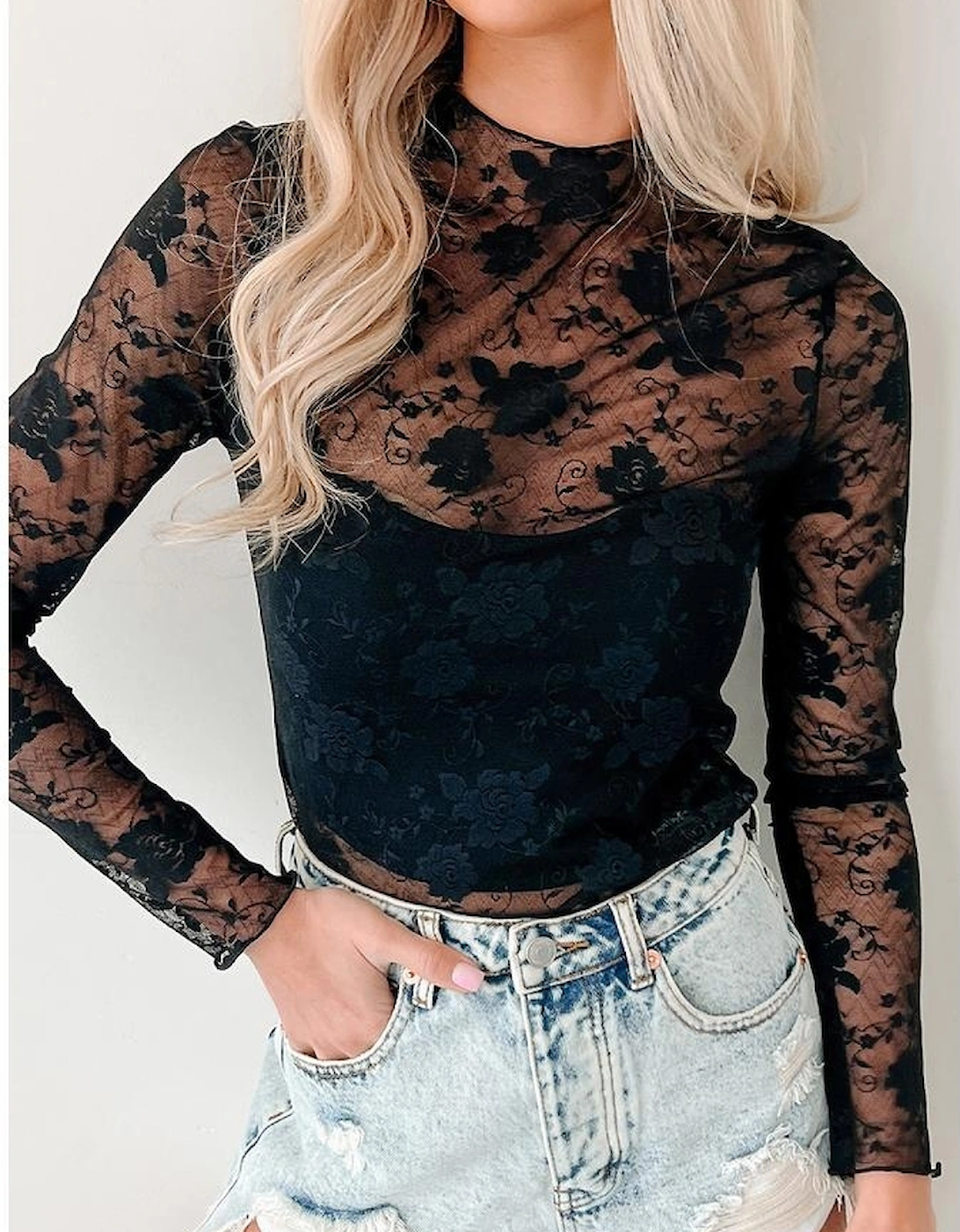 Black Sheer Floral Lace Mesh Mock Neck Long Sleeve Top