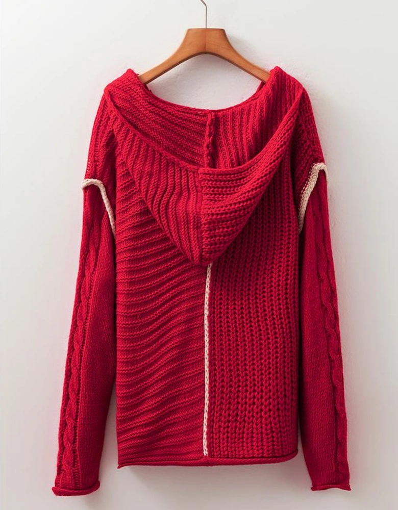 Racing Red Color Contrast Trim Textured Knit Drawstring Hooded Sweater