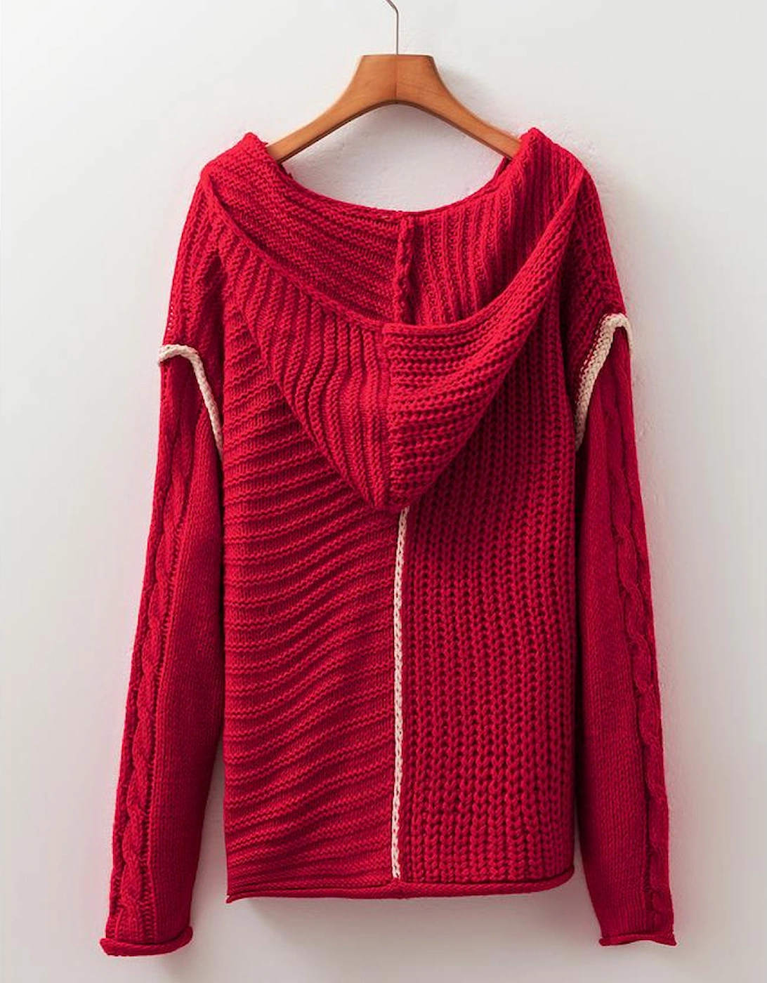 Racing Red Color Contrast Trim Textured Knit Drawstring Hooded Sweater