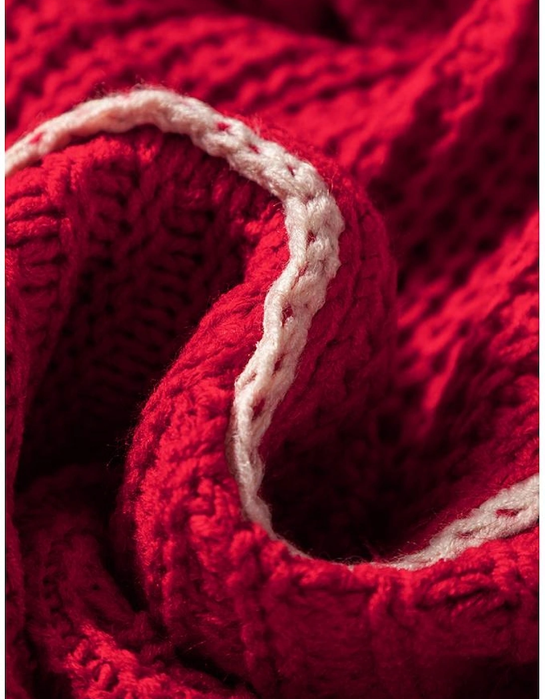 Racing Red Color Contrast Trim Textured Knit Drawstring Hooded Sweater