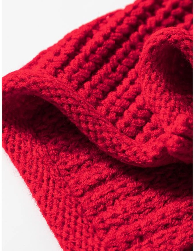 Racing Red Color Contrast Trim Textured Knit Drawstring Hooded Sweater