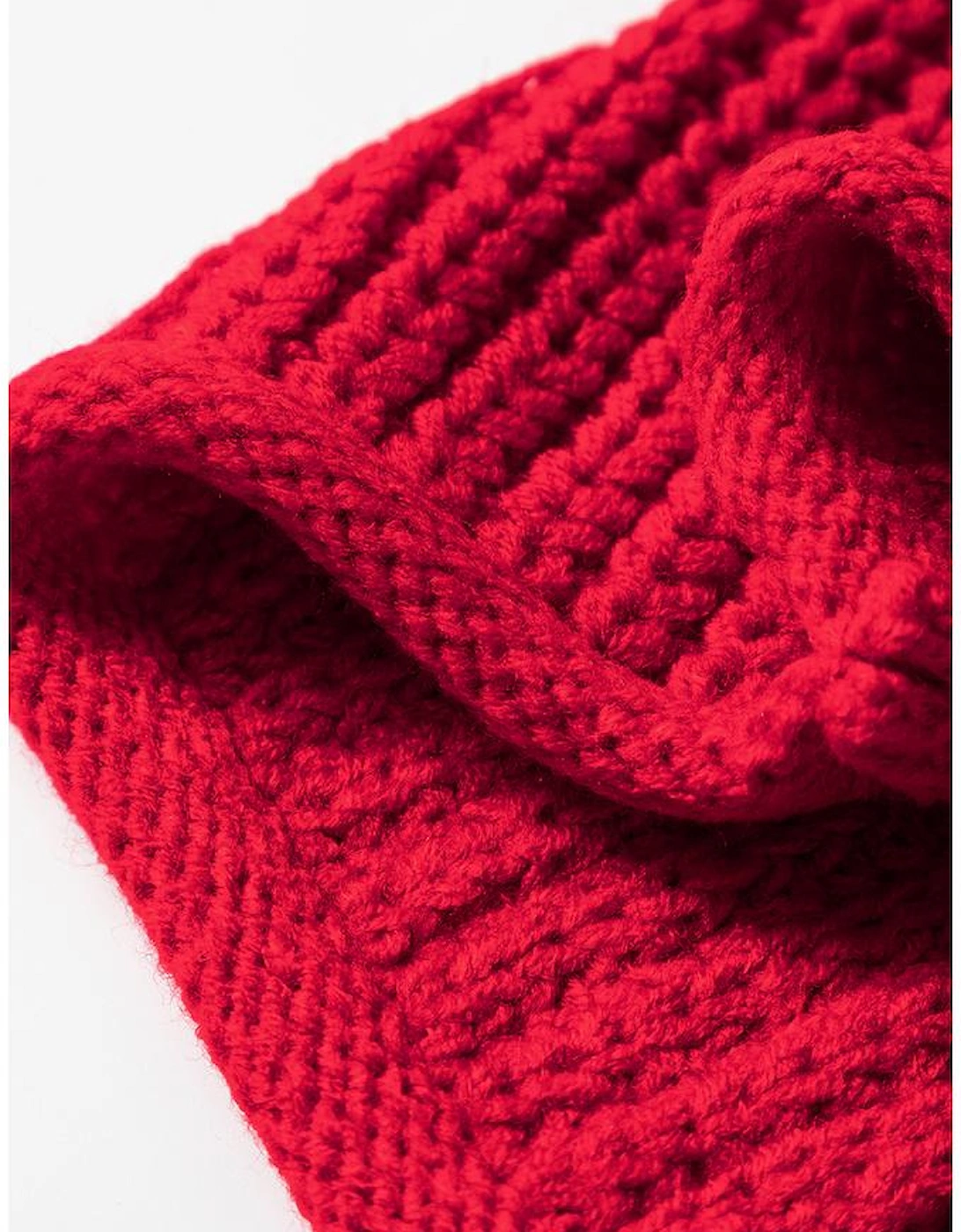 Racing Red Color Contrast Trim Textured Knit Drawstring Hooded Sweater