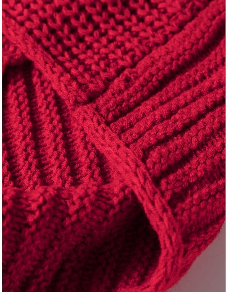 Racing Red Color Contrast Trim Textured Knit Drawstring Hooded Sweater