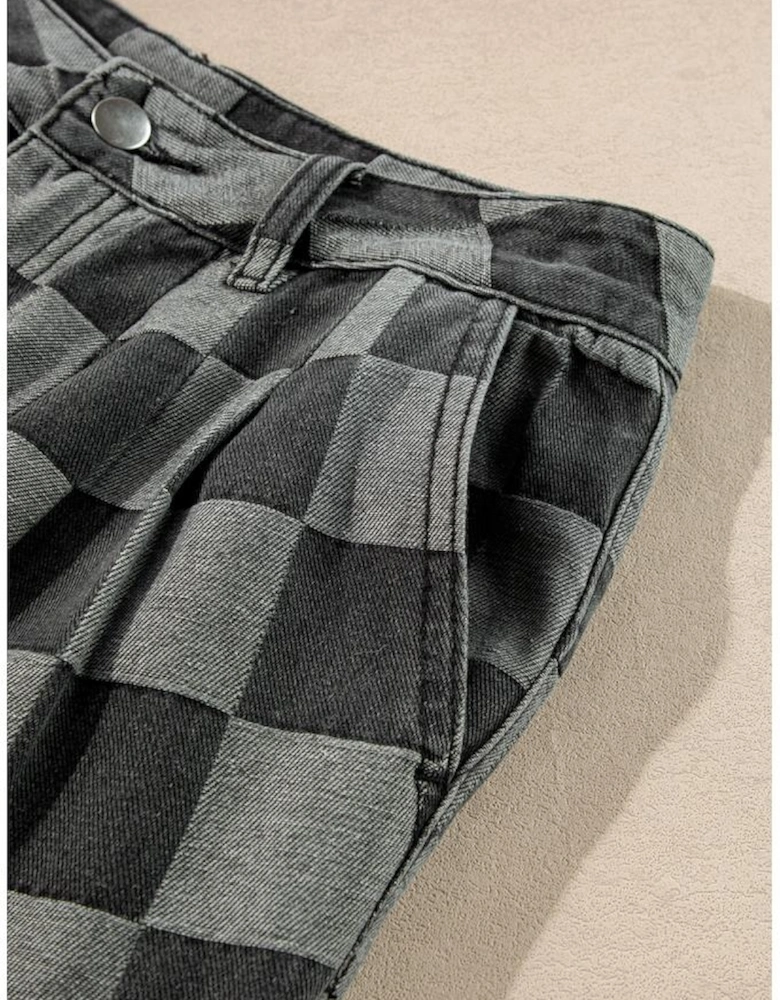 Dark Grey Checkered Denim Wide Leg Jeans