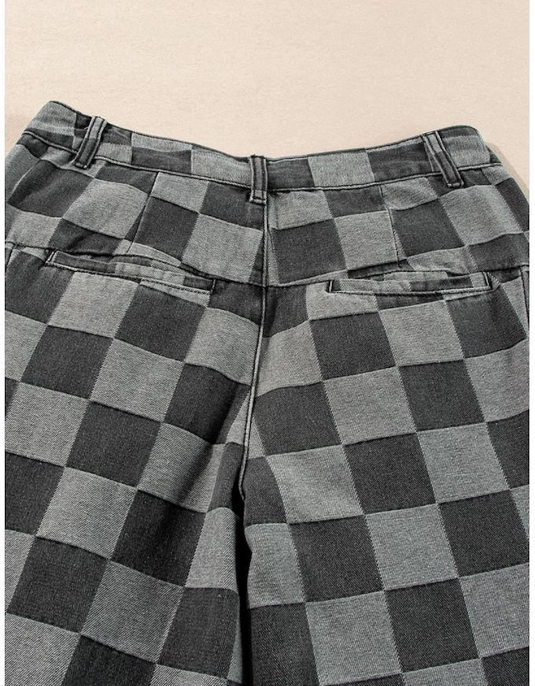 Dark Grey Checkered Denim Wide Leg Jeans