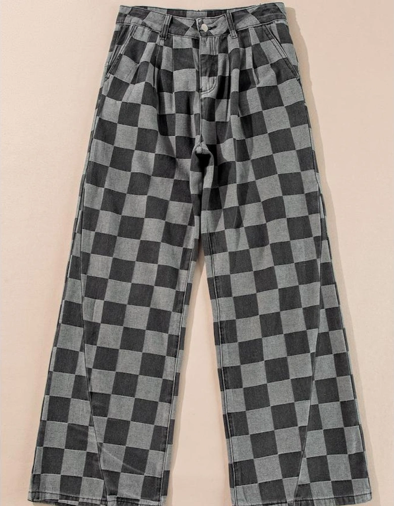 Dark Grey Checkered Denim Wide Leg Jeans
