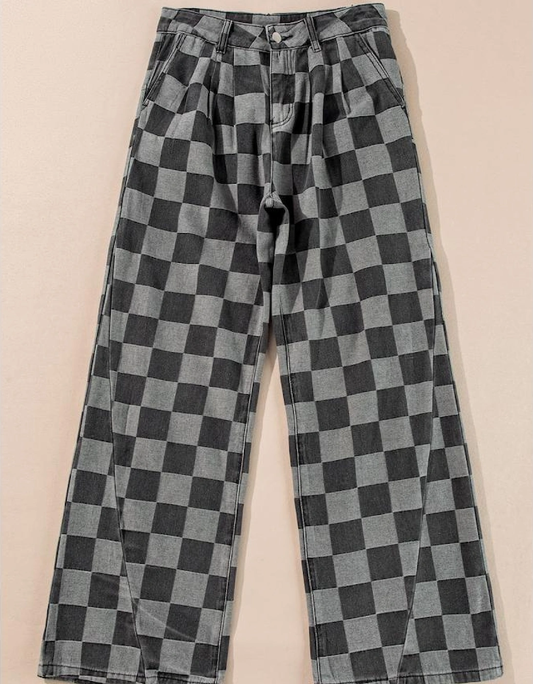 Dark Grey Checkered Denim Wide Leg Jeans