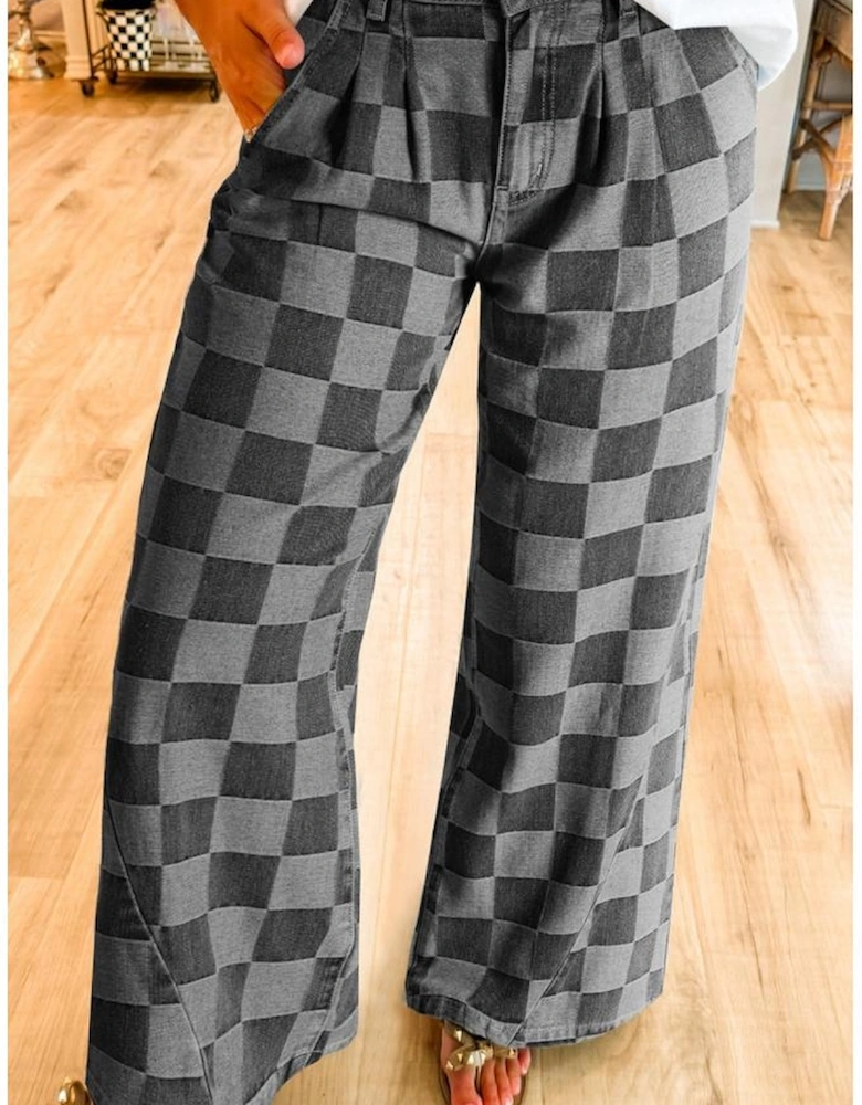 Dark Grey Checkered Denim Wide Leg Jeans