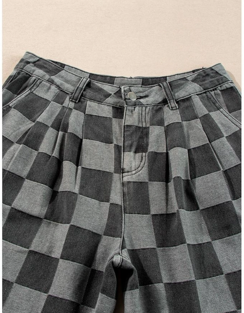Dark Grey Checkered Denim Wide Leg Jeans
