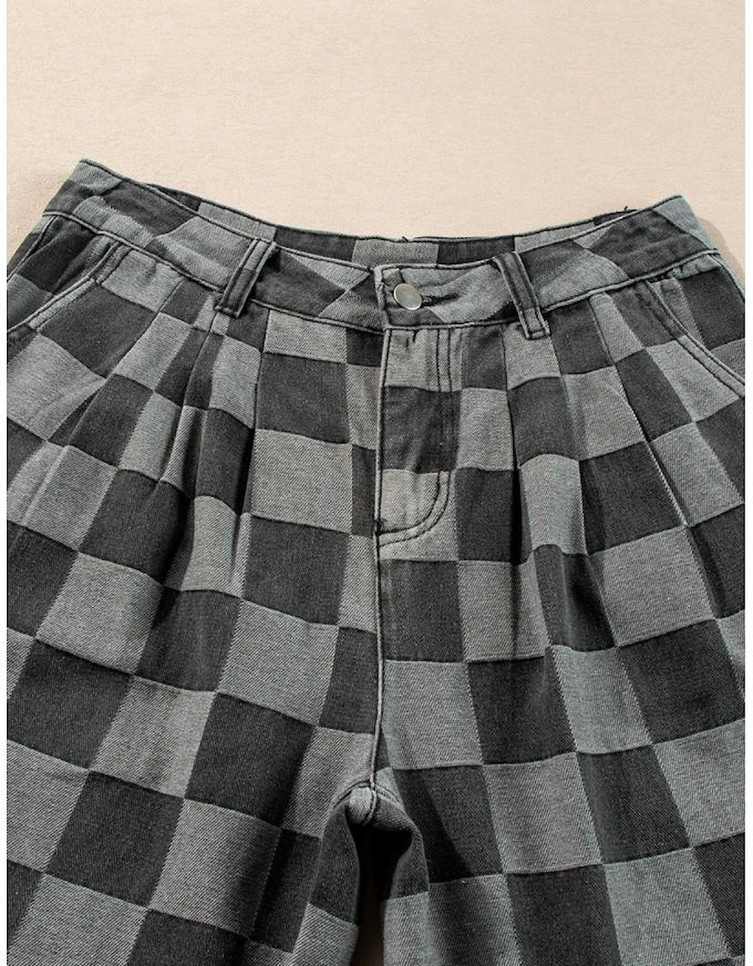 Dark Grey Checkered Denim Wide Leg Jeans