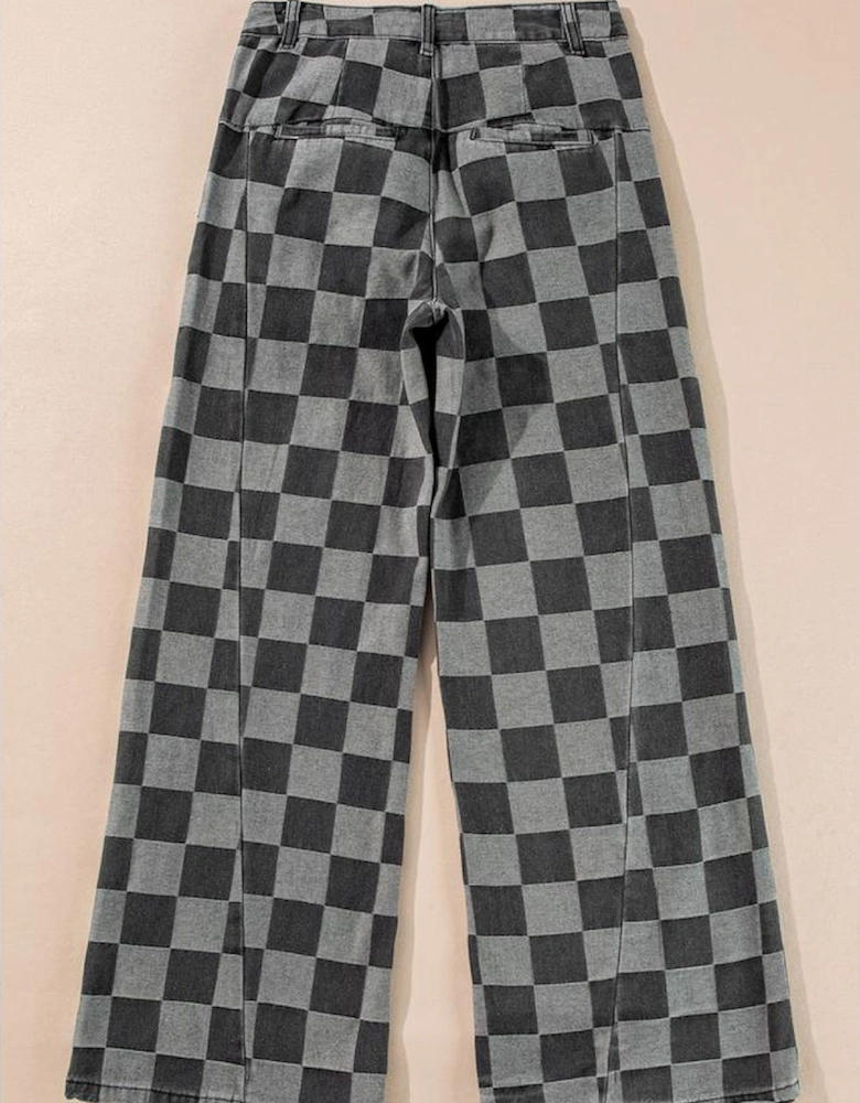 Dark Grey Checkered Denim Wide Leg Jeans