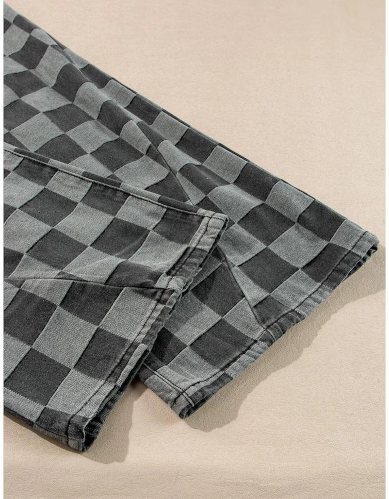 Dark Grey Checkered Denim Wide Leg Jeans