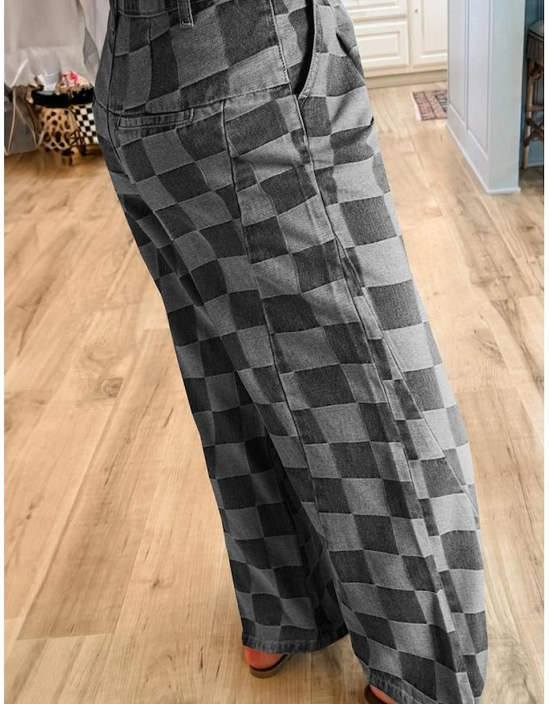 Dark Grey Checkered Denim Wide Leg Jeans