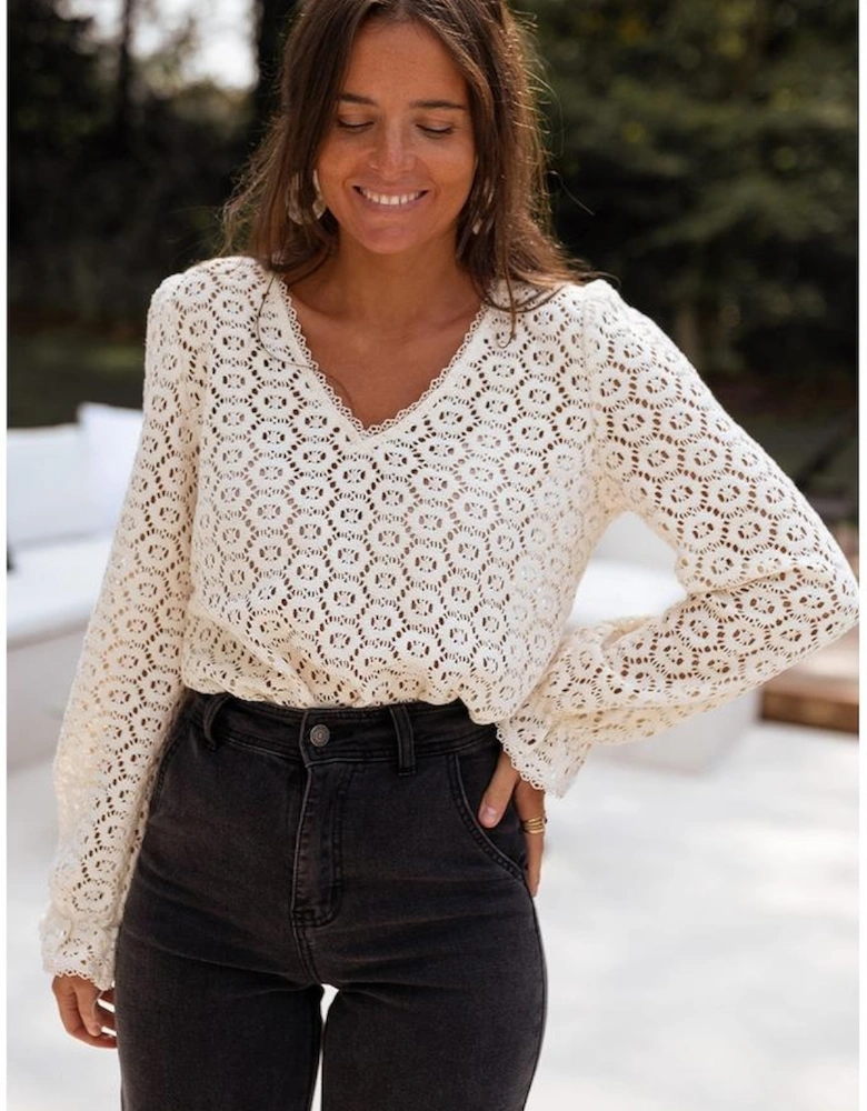 Beige Flower Lace V Neck Ruffled Sleeve Top