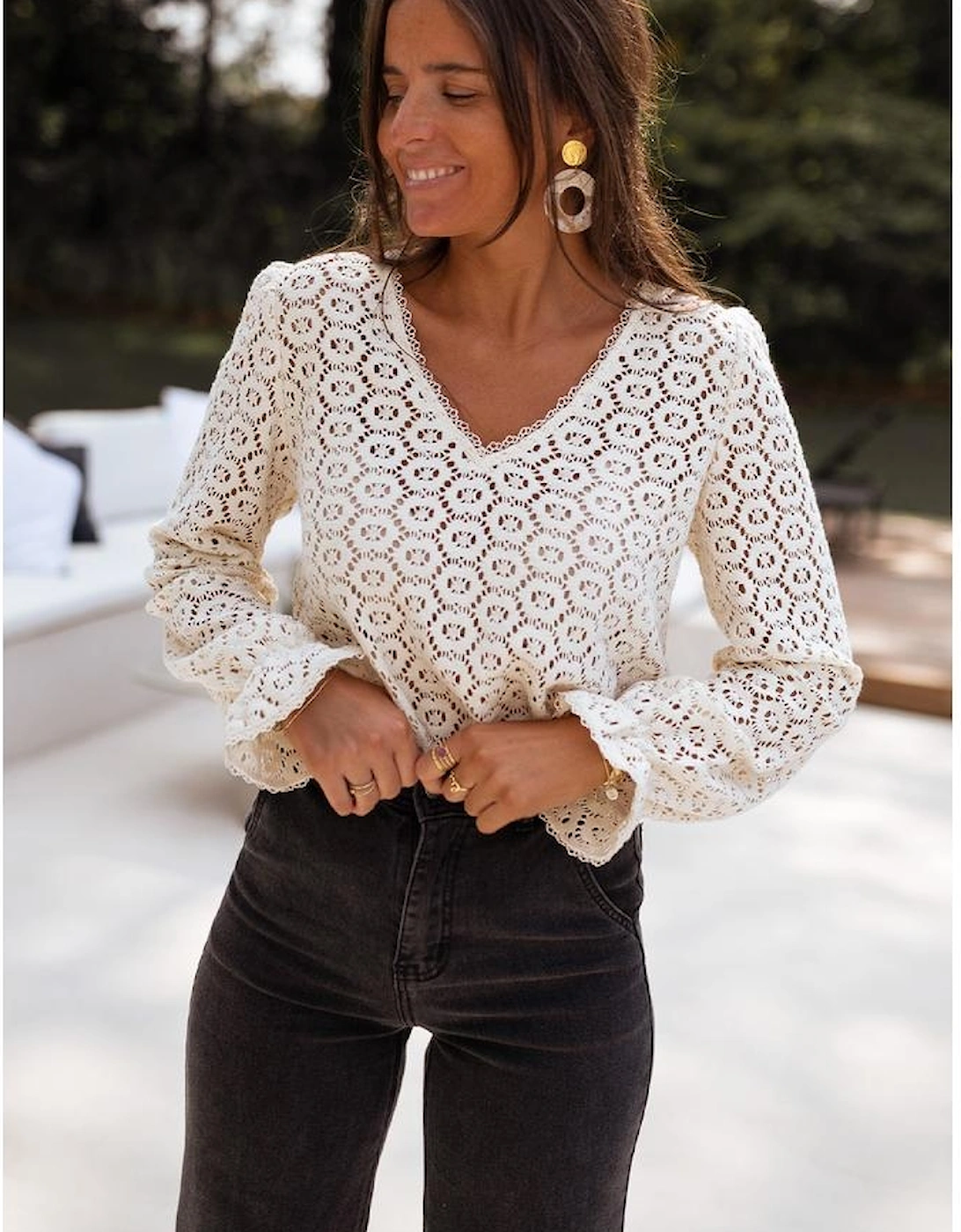 Beige Flower Lace V Neck Ruffled Sleeve Top