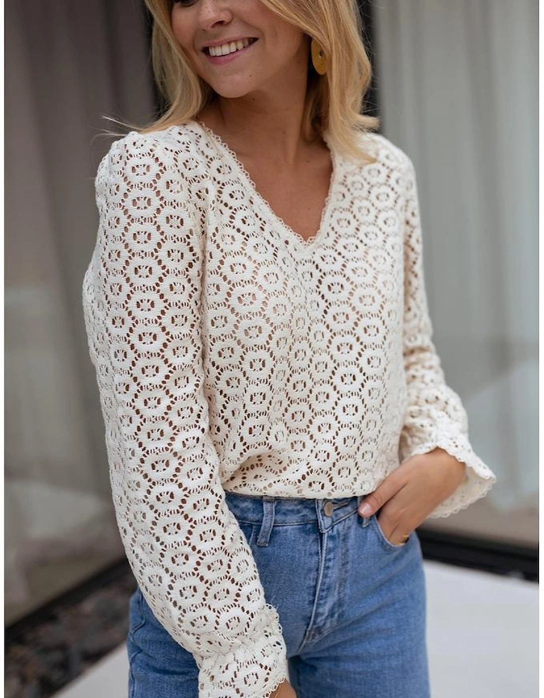 Beige Flower Lace V Neck Ruffled Sleeve Top